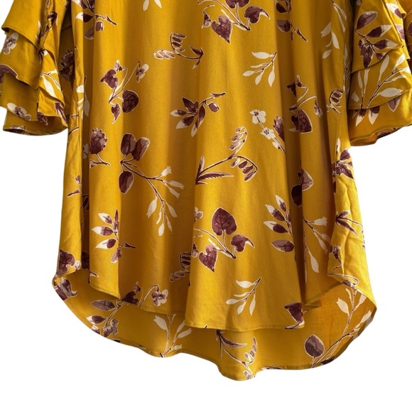 Mustard Yellow Floral Popover Blouse Tunic Ruffle Sleeves Peasant Bohemian XXL - Picture 9 of 16